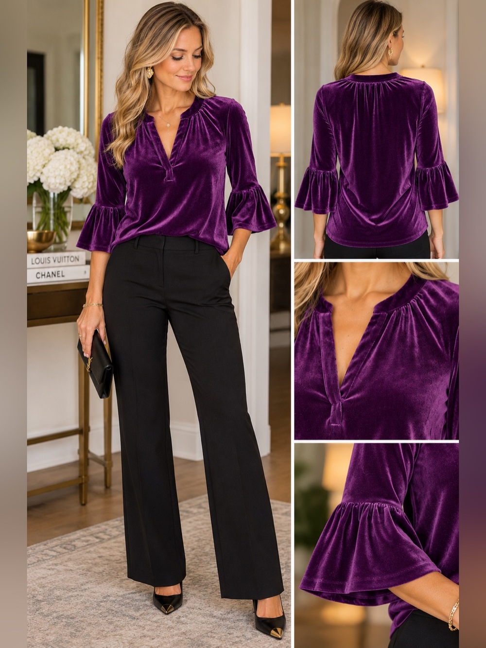 Boden Purple Velvet Notch Neck Frill Sleeve Top Size 6